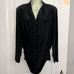 Vintage YL by Yair black silk long‎ sleeve bodysuit with beaded collar & cuffs